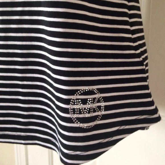 Michael Kors MK Silver Stud Logo Striped Boat Neck Short Sleeve Striped T-Shirt - Picture 2 of 5